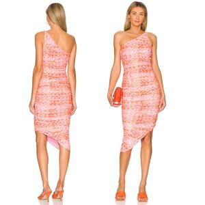 Likely Lizzy Dress One Shoulder Asymmetrical Multicolor Ruched Mesh Size 6 Pink